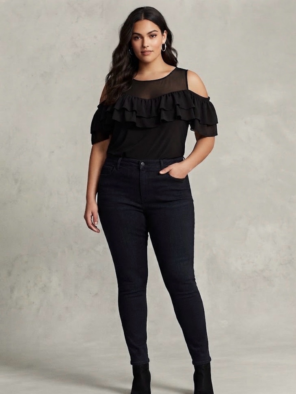 Lane Bryant Black Cold Shoulder Ruffle Blouse Gothic Glamour Dark Academia 14/16
